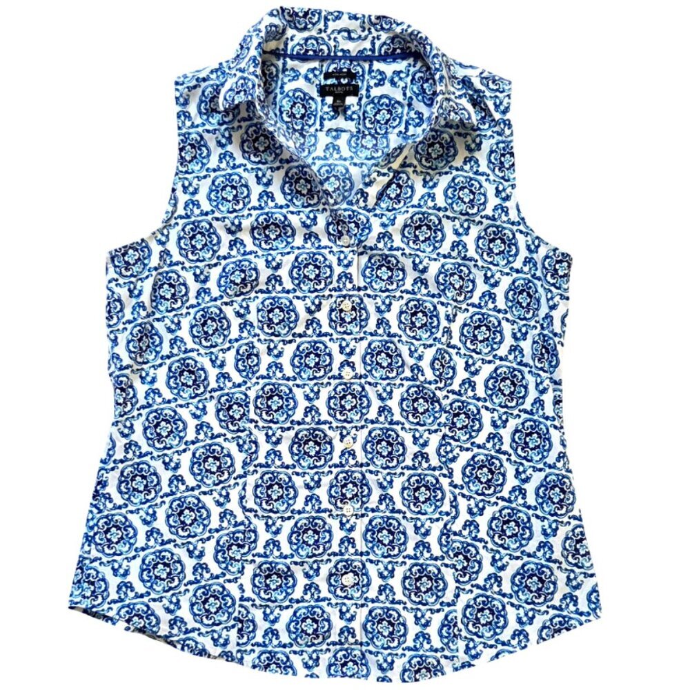 Talbots Womens Size 8P Blue and White Pattern Sleeveless Collared Blouse Classic